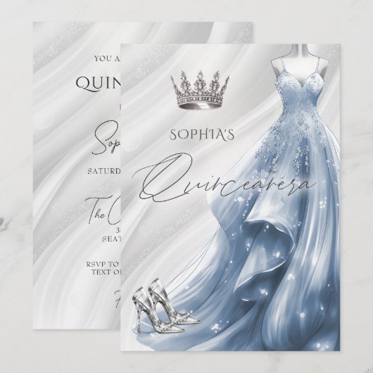 Zilveren Stoffige Blauwe Sparkle Jurk Quinceañera Kaart (Voorkant / Achterkant)
