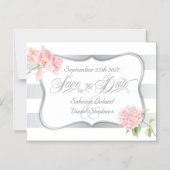 Zilveren strepen en roze hortensia's Bewaar de dat Magnetische Uitnodiging (Voorkant)