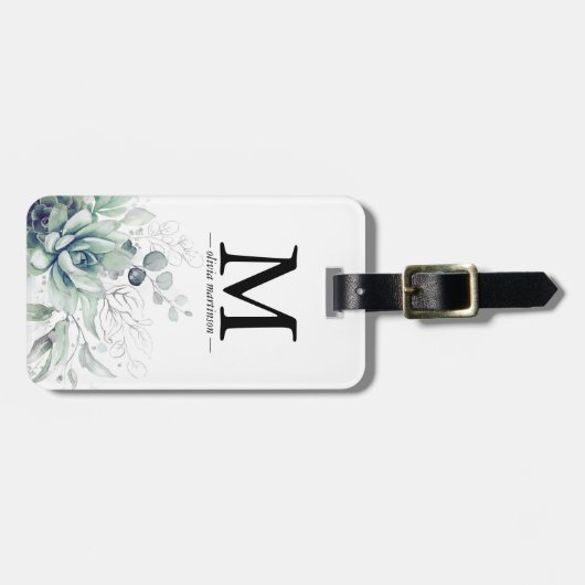 Zilveren Succulenten Groene Monogram Bagage Label (Voorkant horizontaal)