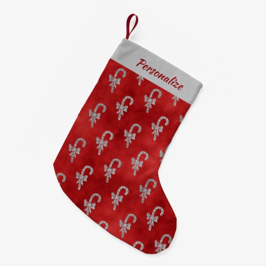 Zilveren Suikerstokken Rood Glitter Gepersonalisee Kleine Kerstsok (Voorkant (Hangend))