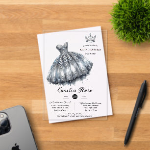 Zilveren Sweet15 QUINCEANERA Diamond Dress Butterf Acryl Uitnodigingen