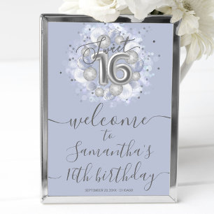 Zilveren Sweet 16 Ballonnen Stofblauwe Welkom Bord Poster