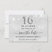 Zilveren Sweet 16 feestje met glinsterende druppel Save The Date (Voorkant)