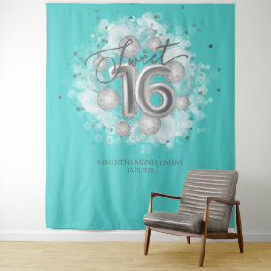 Zilveren Sweet 16 Verjaardagsballonnen Feest Teal  Wandkleed