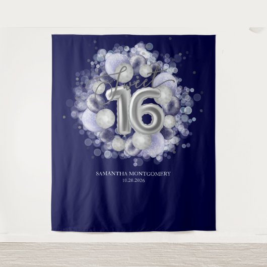 Zilveren Sweet 16 verjaardagsballonnen Koningsblau Wandkleed (Voorkant)