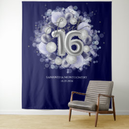Zilveren Sweet 16 Verjaardagsballonnen Koninklijk  Wandkleed