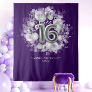 Zilveren Sweet 16 Verjaardagsballonnen Paarse Acht Wandkleed