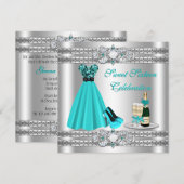Zilveren Sweet Sixteen Feestjurk Uitnodiging (Voorkant / Achterkant)