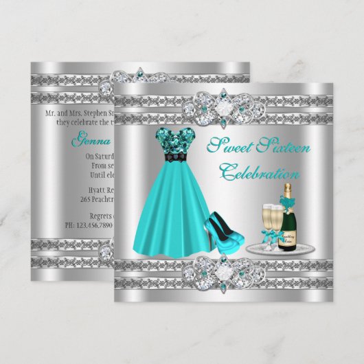 Zilveren Sweet Sixteen Feestjurk Uitnodiging (Voorkant / Achterkant)