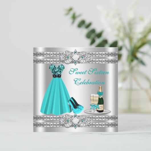 Zilveren Sweet Sixteen Feestjurk Uitnodiging (Staand voorkant)