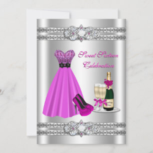 Zilveren Sweet Sixteen jurk 5x7 uitnodiging