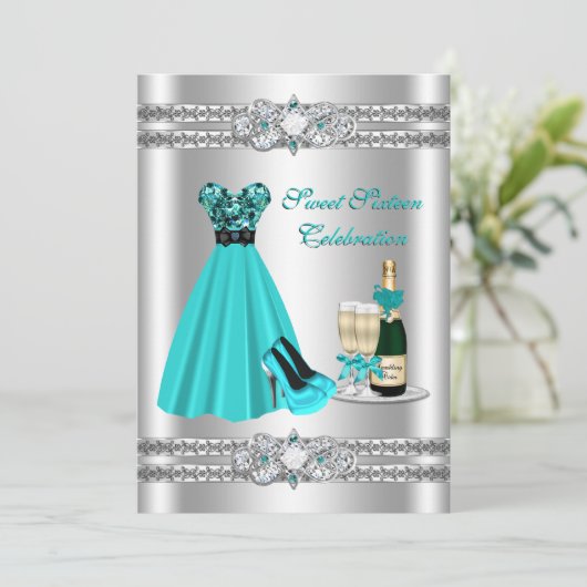 Zilveren Sweet Sixteen jurk 5x7 uitnodiging (Staand voorkant)