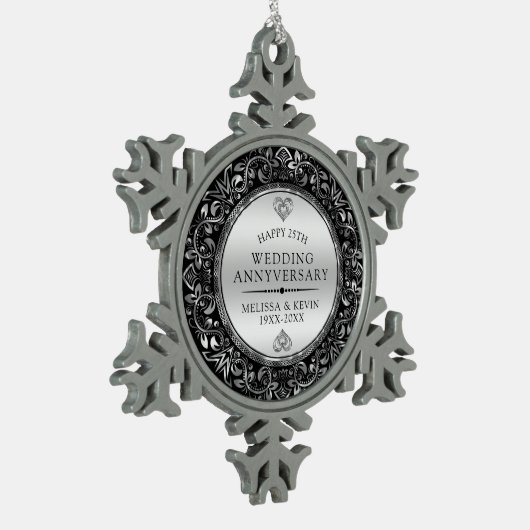 Zilveren Swirly Lijst 25e bruiloft Jubileum Tin Sneeuwvlok Ornament (Links)