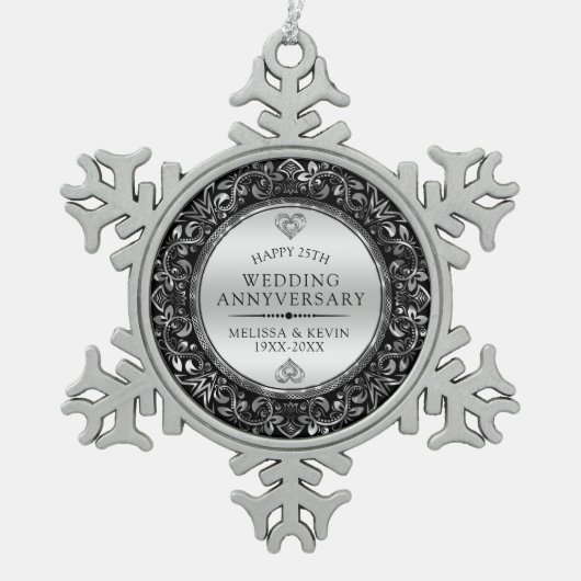 Zilveren Swirly Lijst 25e bruiloft Jubileum Tin Sneeuwvlok Ornament (Voorkant)