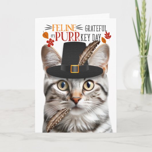 Zilveren Tabby Cat dankbaar voor PURRkey Day Feestdagen Kaart (Voorkant)