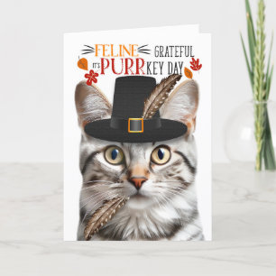 Zilveren Tabby Cat dankbaar voor PURRkey Day Feestdagen Kaart