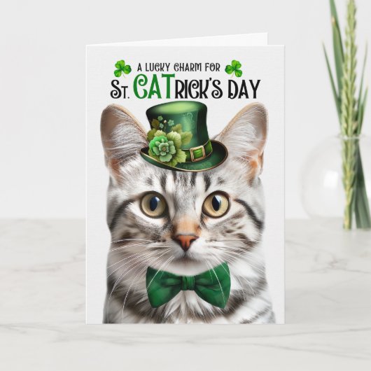 Zilveren Tabby Cat Lucky Charm St CATrick's Day Feestdagen Kaart (Voorkant)