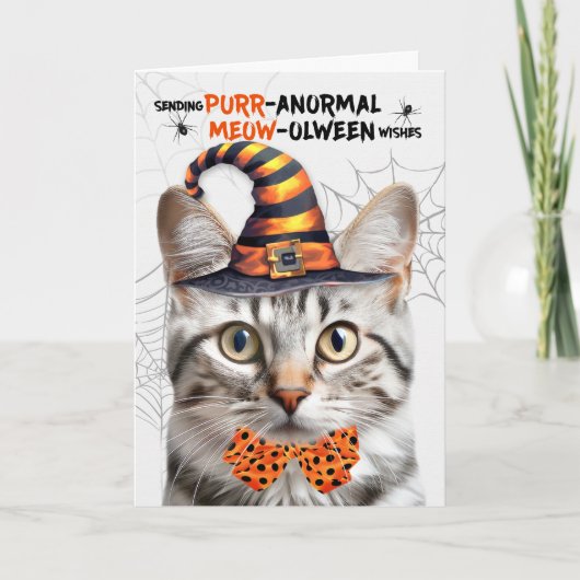 Zilveren Tabby Cat PURRanormale MEOWolween Feestdagen Kaart (Voorkant)