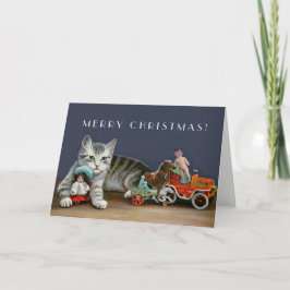 Zilveren Tabby Cat - Vintage Christmas Cat Art Feestdagen Kaart