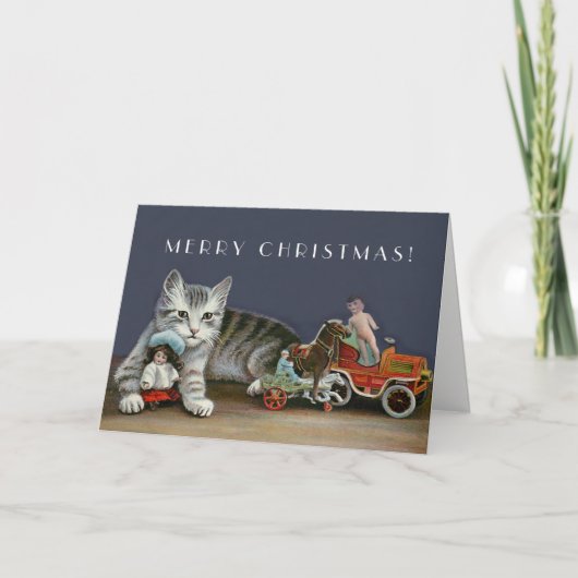 Zilveren Tabby Cat - Vintage Christmas Cat Art Feestdagen Kaart (Voorkant)