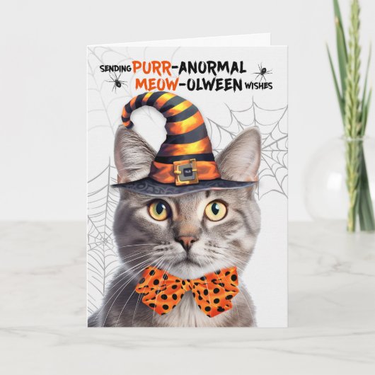 Zilveren Tabby Halloween Kat PURRanormale MEOWolwe Feestdagen Kaart (Voorkant)