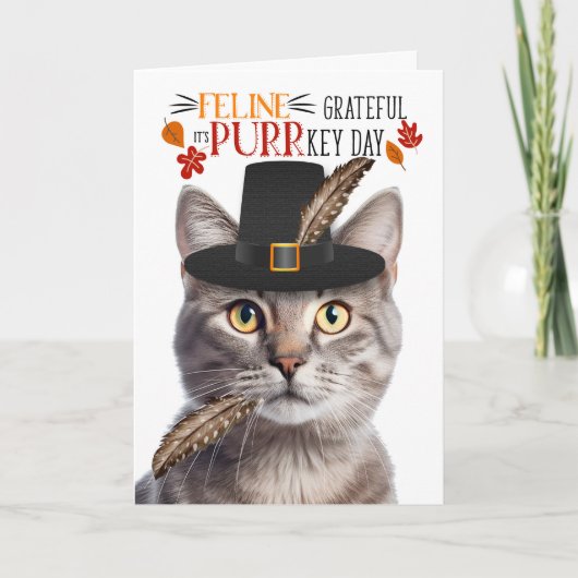 Zilveren Tabby Kat Feline Dankbaar voor PURRkey Da Feestdagen Kaart (Voorkant)