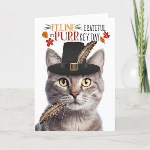 Zilveren Tabby Kat Feline Dankbaar voor PURRkey Da Feestdagen Kaart