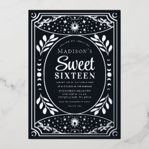 Zilveren Tarot Hekserig Sweet 16 Verjaardagsfeestj Folie Uitnodiging