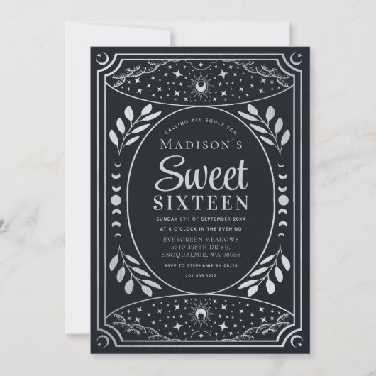 Zilveren Tarot Witchy Sweet 16 Verjaardagsfeest Kaart (Voorkant)