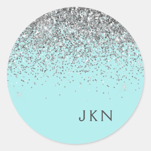Zilveren Teal Aqua Blauwe Meisjesachtige Glitter M Ronde Sticker (Voorkant)