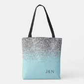 Zilveren Teal Aqua Blauwe Vrouwelijke Glitter Mono Tote Bag (Achterkant)