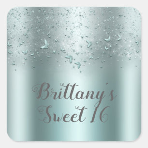 Zilveren Teal Aqua Fladderende Vlinder Sweet 16 Fe Vierkante Sticker