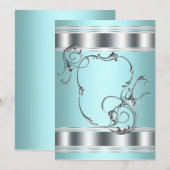 Zilveren Teal Blauwe Feest Uitnodiging Template (Voorkant / Achterkant)