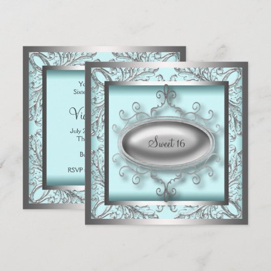 Zilveren Teal Blauwe Sweet 16 Verjaardagsfeestje Kaart (Voorkant / Achterkant)