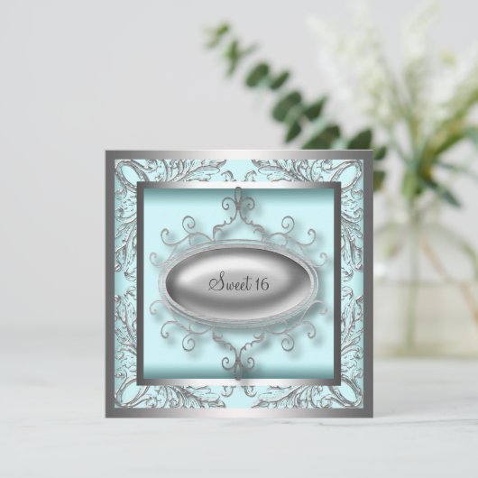Zilveren Teal Blauwe Sweet 16 Verjaardagsfeestje Kaart (Staand voorkant)