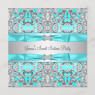 Zilveren Teal Blauwe Sweet Sixteen Feest Kaart