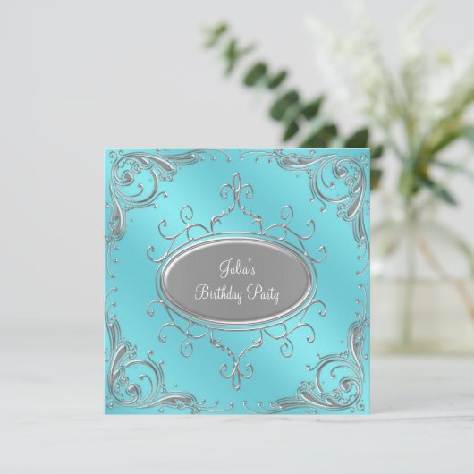 Zilveren Teal Blauwe Vrouwen Verjaardagsfeestje Kaart (Staand voorkant)