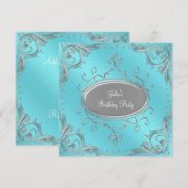Zilveren Teal Blauwe Vrouwengeboortepartij Kaart (Voorkant / Achterkant)