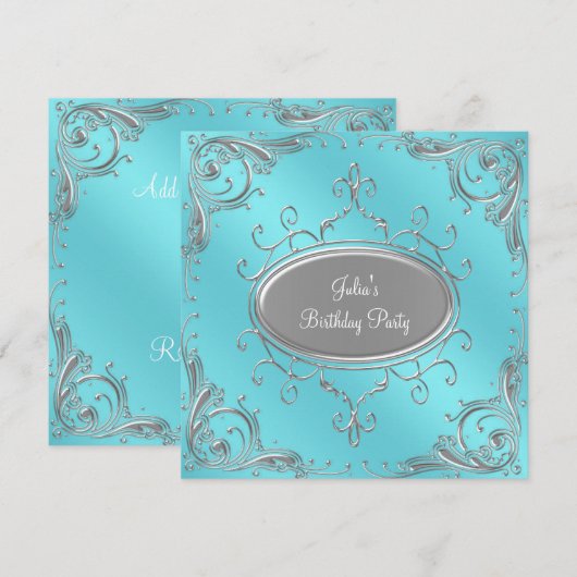 Zilveren Teal Blauwe Vrouwengeboortepartij Kaart (Voorkant / Achterkant)