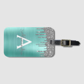 Zilveren Teal Glitter Geborsteld Metaal Initialen  Bagagelabel (Voorkant (horizontaal))