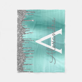 Zilveren Teal Glitter Geborsteld Metaal Monogram N Fleece Deken