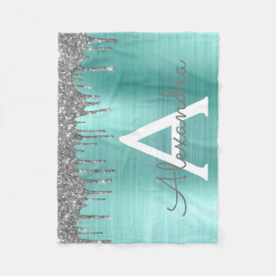 Zilveren Teal Glitter Geborsteld Metaal Monogram N Fleece Deken