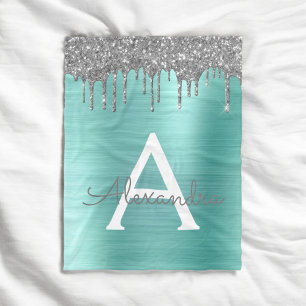 Zilveren Teal Glitter Geborsteld Metaal Monogram N Fleece Deken