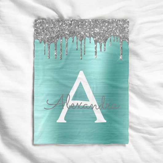 Zilveren Teal Glitter Geborsteld Metaal Monogram N Fleece Deken