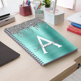 Zilveren Teal Glitter Geborsteld Metaal Monogram N Notitieboek