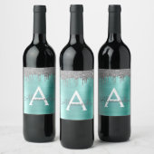 Zilveren Teal Glitter Geborsteld Metaal Monogram N Wijn Etiket (Flessen)