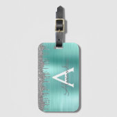Zilveren Teal Glitter Geborsteld Metal Monogram Na Bagagelabel (Voorkant (verticaal))