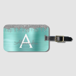 Zilveren Teal Glitter Geborsteld Metal Monogram Na Bagagelabel