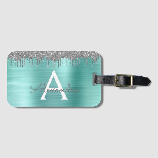 Zilveren Teal Glitter Geborsteld Metal Monogram Na Bagagelabel (Voorkant (horizontaal))
