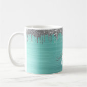 Zilveren Teal Glitter Geborsteld Metal Monogram Na Koffiemok (Links)